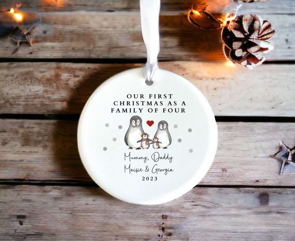 Personalised First Christmas As A Family Of Four Ceramic Hanging Ornament Bauble